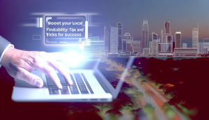 alt_text: Professionele afbeelding van lokale vindbaarheid met stadslandschap en digitale elementen.