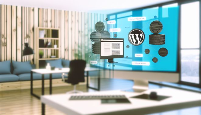"Ontdek de voordelen van een WordPress-site in een moderne kantooromgeving met visuals."
